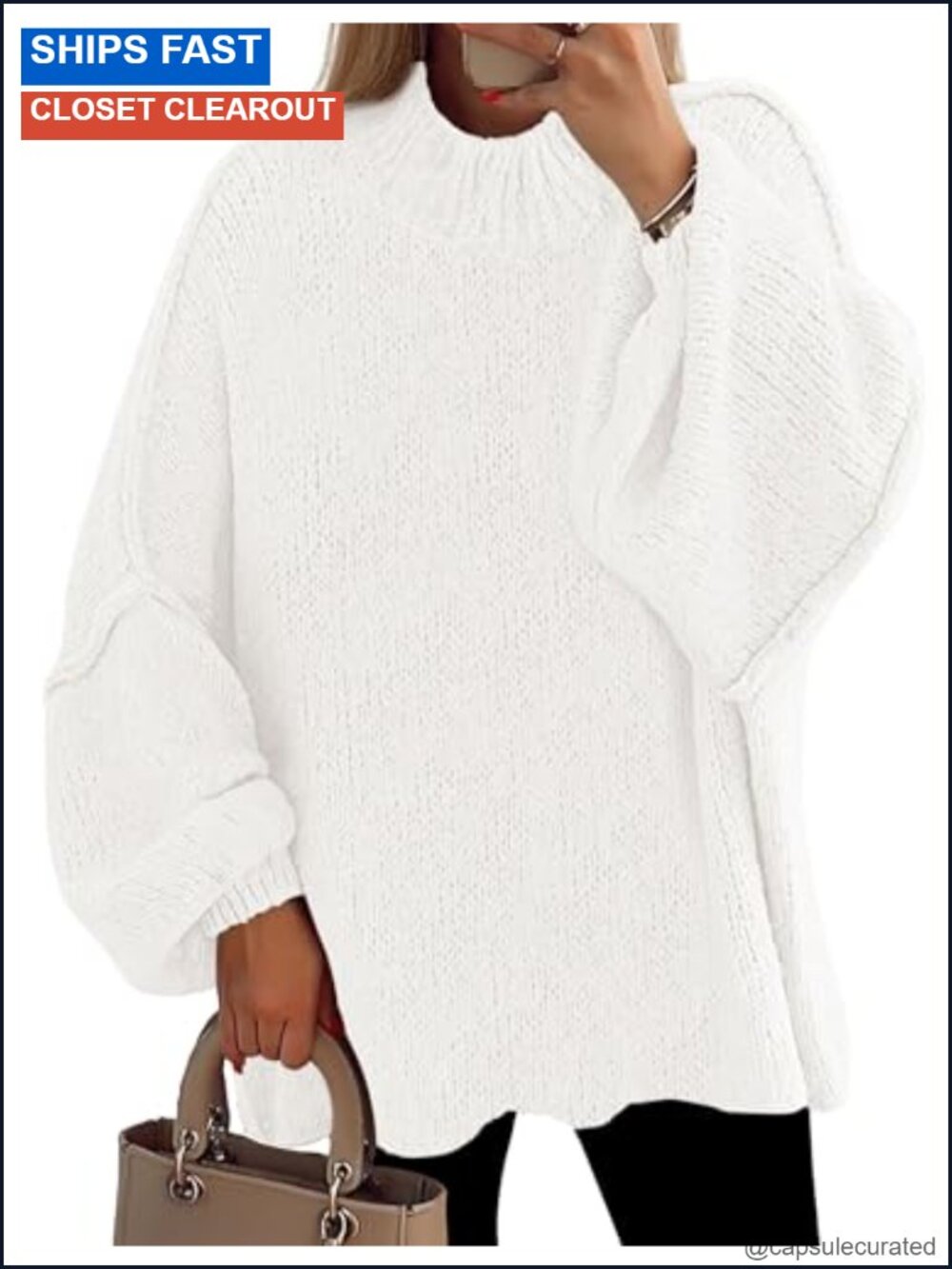 Oversized Chunky Knit Mock Neck Pullover Sweater Drop Shoulder Tunic